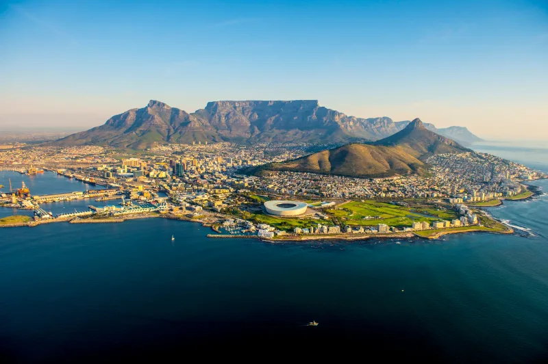 Aerial view of Cape Town with Table Mountain and the Atlantic coastline